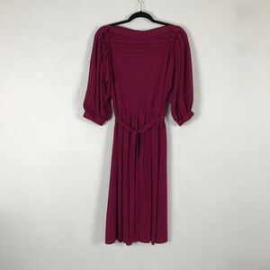 Vintage 1980s Dress Size M Rayon Fuchsia Dolman 3/4 Sleeve Pleated Boat Neckline
